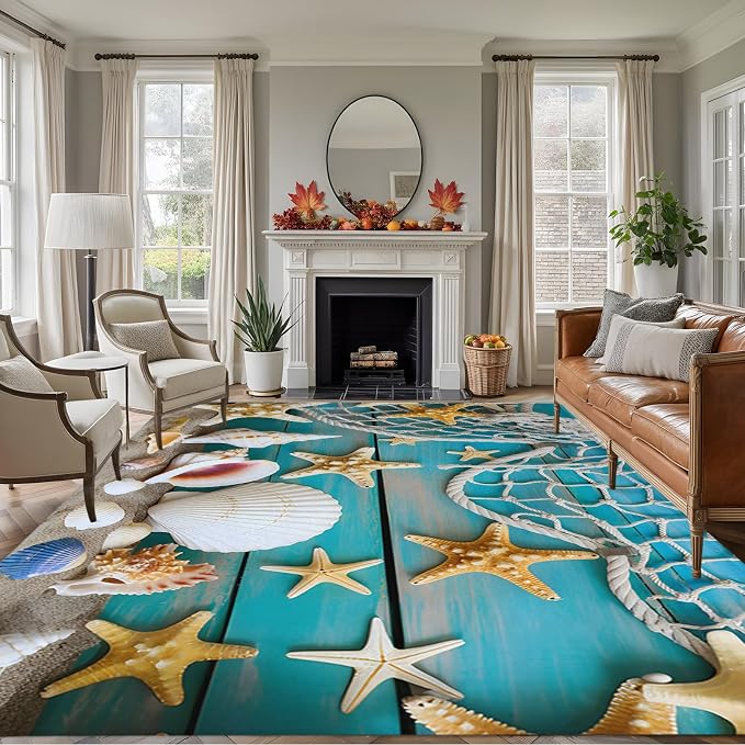 8 x 10 Ft Large Area Rug for Living Room, Beach Starfish Indoor Accent Rugs for Bedroom, Ocean Conch Fishing Net Blue Wood Grain Decorative Modern Carpet Washable Low Pile Non Slip Rug for Dining Room