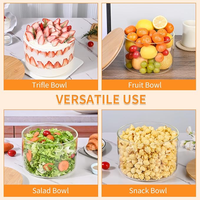 Large Trifle Bowl Glass, Morden Design Clear Glass Salad Bowl with Lid 125oz, Serving Bowl for Laying Ice Cream Cakes, Cupcake, Salad, Fruit, Microwave & Dishwasher Safe
