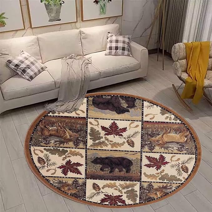 Vintage Lodge Cabin Bear Round Rugs 2ft Small Elk Moose Deer Circular Area Rug for Hallway Non-Slip Western Rustic Wildlife Print Rugs Carpets