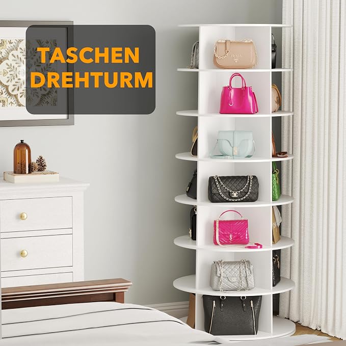 SpaceAid 7 Tier Rotating Shoe Rack Tower, Spinning Shoe Display Lazy Susan, Revolving 360 Shoe Rack Storage Round Carousel, Vertical Handbag Rotate Shoes Closet Organization (7-Tier White)