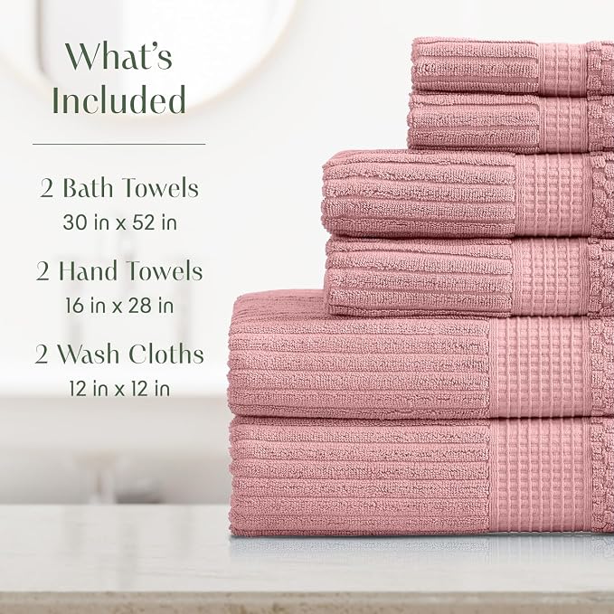 Springtree Home 100% Cotton Bath Towel Set | 6-Piece Set | Textured | Rose | Absorbent & Quick-Dry Bathroom Towels | Textured and Durable Cotton Towels for Bathroom | OEKO-TEX | Krista Collection