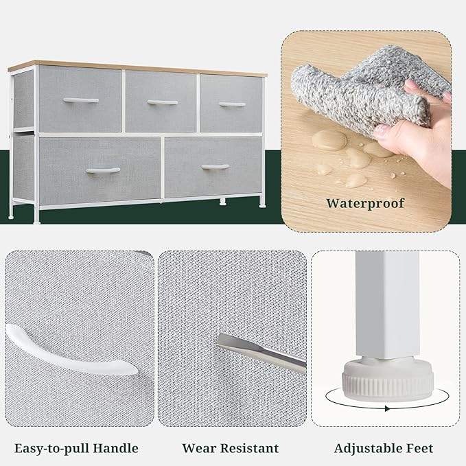 5-Drawer Dresser for Bedroom, Anti-Tip Wide Storage Organizer Fabric Chest of Drawers TV Stand for 45" TV with Wooden Top and Metal Frame for Closet, Living Room, Hallway, Entryway, Light Gray