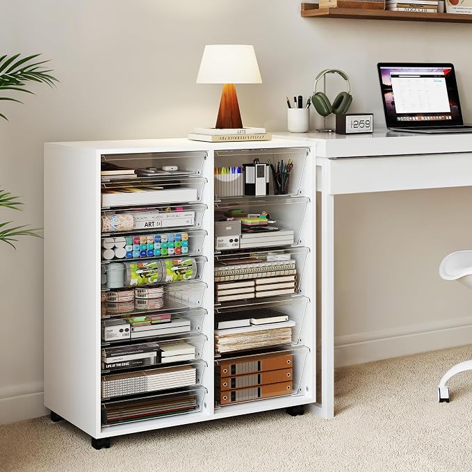 WOPITUES Mobile Storage Cabinet with 15 Clear Drawers, Craft Cabinet with 5 Large Drawers, Cart with Wooden Tabletop, Printer Stand Home Office, Dresser Chest, Modern White