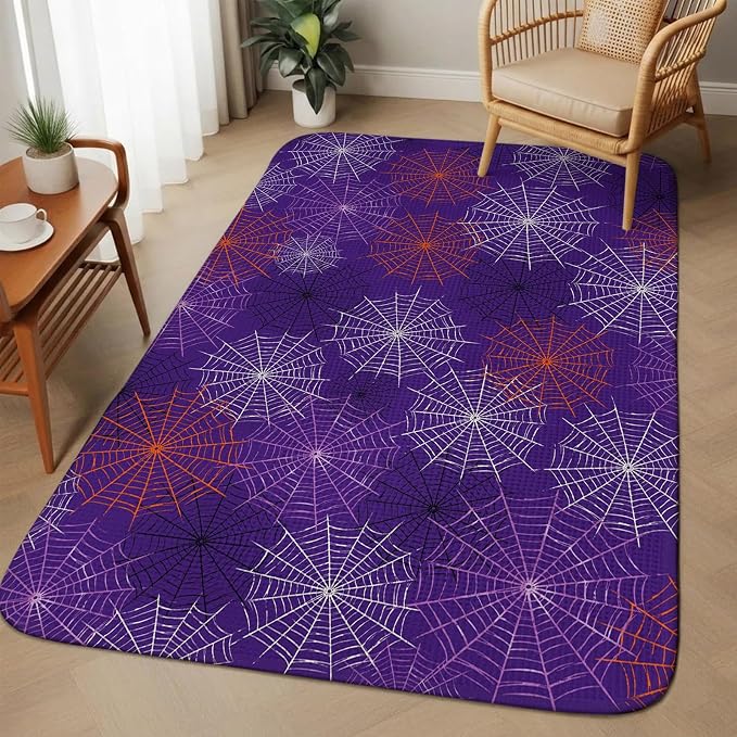 Purple Halloween Washable Area Rugs for Living Room Bedroom, Large Non Slip Indoor Floor Carpet Absorbent Low Pile Red Black White Net Halloween Door Mat Rugs for Bathroom Entryway 63"x90.6"