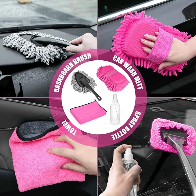 20PCS Car Cleaning Kit, Pink Car Interior Detailing Kit with Drill Brush Set, Windshield Cleaning Tool, Detailing Brushes, Wire Brushes, Cleaning Gel, Complete Cleaning Supplies for Women