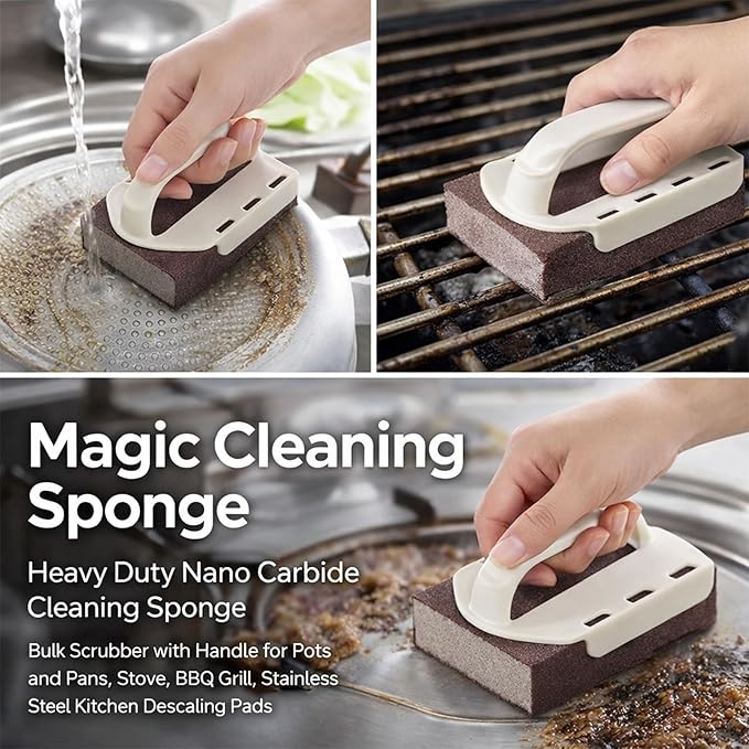 Magic Cleaning Sponge, Heavy Duty Nano Carbide Cleaning Sponge for Pots & Pans, Rust Remover & Descaling Eraser with Handle, Bulk Pack of Magic Cleaning Sponge Scrubber (10 Pcs)