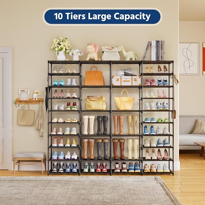 Ekisemio Large Shoe Rack Organizer for Entryway Closet 72-80 Pairs 10-Tier Heavy Duty Tall Garage Shoe Rack Shoe Shelf Shoes Storage with Removable Side Hooks for Bedroom and Garage, Black