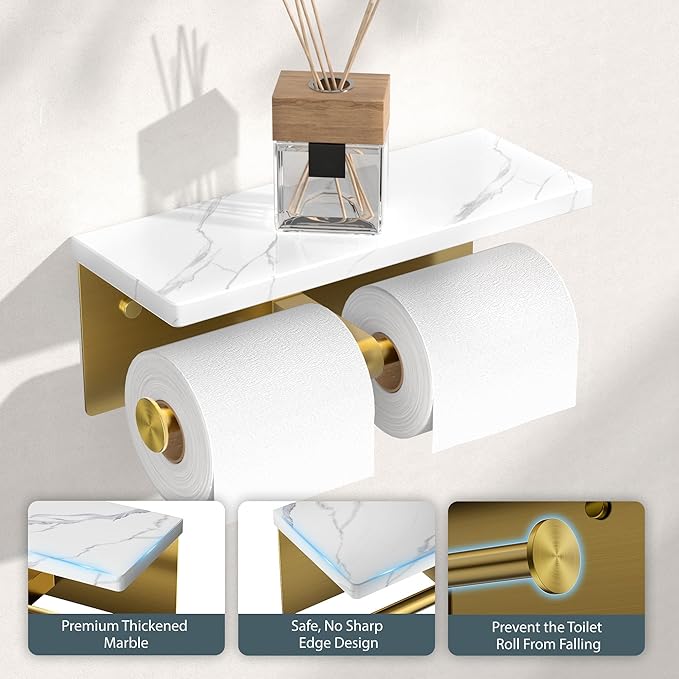 FORIOUS Toilet Paper Holder with Shelf, Marble Wall Mount Tissue Roll Holder for Bathroom, Washroom, 304 Stainless Steel Double Commercial Toilet Tissue Dispensers with Phone Shelf, Brushed Gold