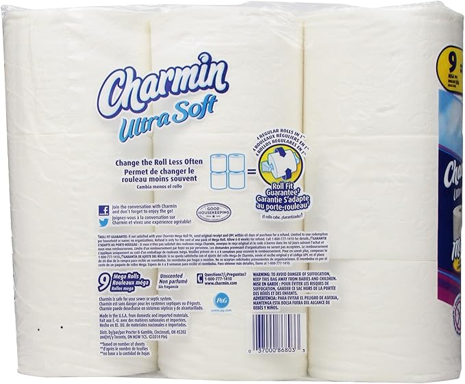 Charmin Ultra Soft Toilet Paper 9 Mega Rolls = 36 Regular Rolls