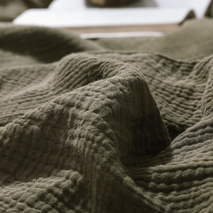 mixinni Olive Green Waffle Weave Duvet Cover Set Queen, 3-Piece 100% Natural Washed Cotton Triple-Layer Gauze Solid Bedding Set, Soft Breathable Minimalist Comforter Cover with Zipper & Ties-Queen