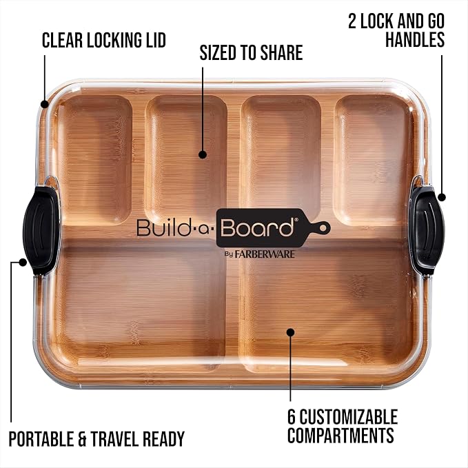Farberware Bamboo Cutting Board with Clear Locking Lid, 11 x 14 Inch Build-A-Board Charcuterie Board with 6 Compartments for Food Prep, Snack Tray, and Entertaining