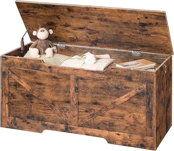 HOOBRO Storage Bench, 43.3” Retro Wooden Storage Chest with U-Shaped Cut-Out Pull, Safety Hinge, Supports 220 lb and Easy Assembly for Toy Box Organizer (Rustic Brown) BF772CW01