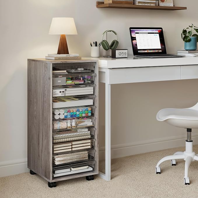 WOPITUES Storage Drawer Cart, Mobile Storage Cabinet, Makeup Storage with 10 Large Clear Drawers, Utility Wooden Rolling Cart on Wheels, for Cosmetic, Art Craft, Office Supplies, Toy, Grey