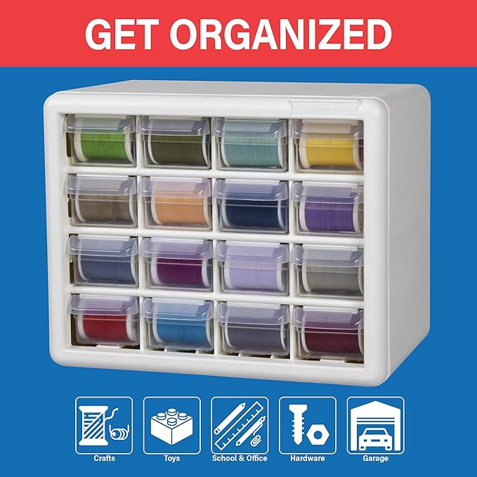 Akro-Mils 16-Drawer Plastic Storage Cabinet, 10.5"W x 6.5"D x 8.5"H, White | Plastic Cabinet w/ Drawers for Garage Organization, Beads, Makeup Organizer, Building Bricks Storage, Teacher Toolbox, 10116