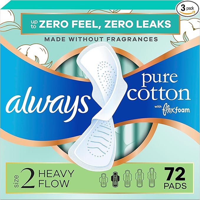 Always Pure Cotton Feminine Pads for Women, FlexFoam Pads with Wings, Size 2, Heavy Absorbency, Unscented, 72 Count (3 Packs of 24)
