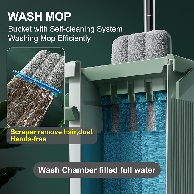 JOYMOOP 8L Large Capacity Flat Mop System (Light Green) with Extension Handle, Ideal for Floor, Window, and Wall Cleaning - Includes 5 Washable Microfiber Pads for Wet and Dry Use
