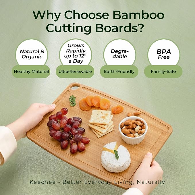 Keechee Dishwasher Safe Bamboo Cutting Boards Durable Lightweight Wood Cutting Board for Busy Kitchen, Easy Storage & Clean Wooden Chopping Boards with Juice Groove Set of 2 (M+S)