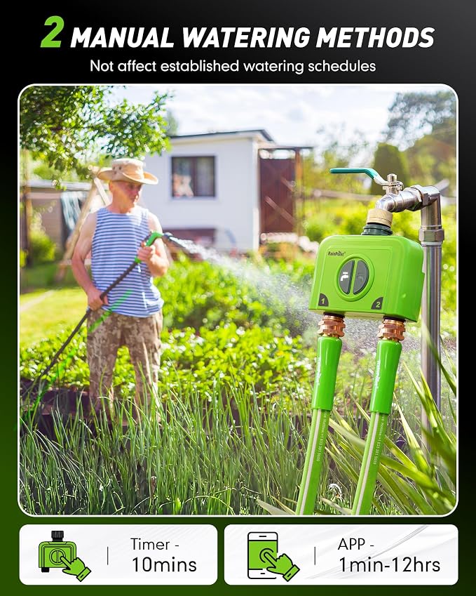 RAINPOINT WiFi Water Timer for Garden Hose, 2 Zone WiFi Sprinkler Controller, Smart Hose Timer Valve, Automatic Drip Irrigation System/Rain Delay for Garden/Yard (Brass Inlet & Outlet, No Gateway)