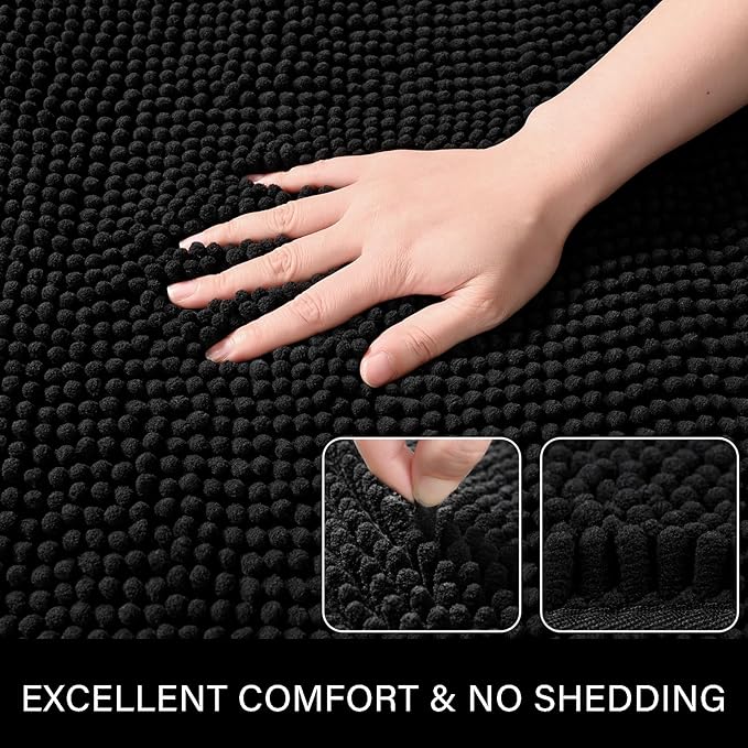 LOCHAS Luxury Bathroom Rug Shaggy Bath Mat 24 x 54 Inch, Black | Washable Non Slip Bath Rugs for Bathroom Shower, Soft Plush Chenille Absorbent Carpets