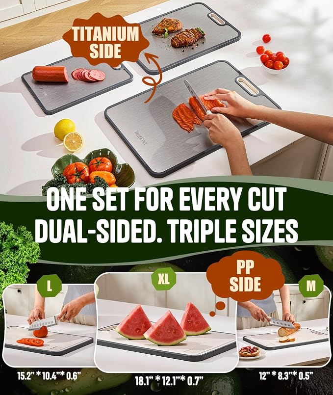Titanium Cutting Board Set of 3, Dual Sided Design Non Toxic Cutting Boards for kitchen Beyond Food-Grade Chopping Board for Hygienic Food Prep, Extra Large (M/L/XL), Knife-Friendly, with Juice Groove