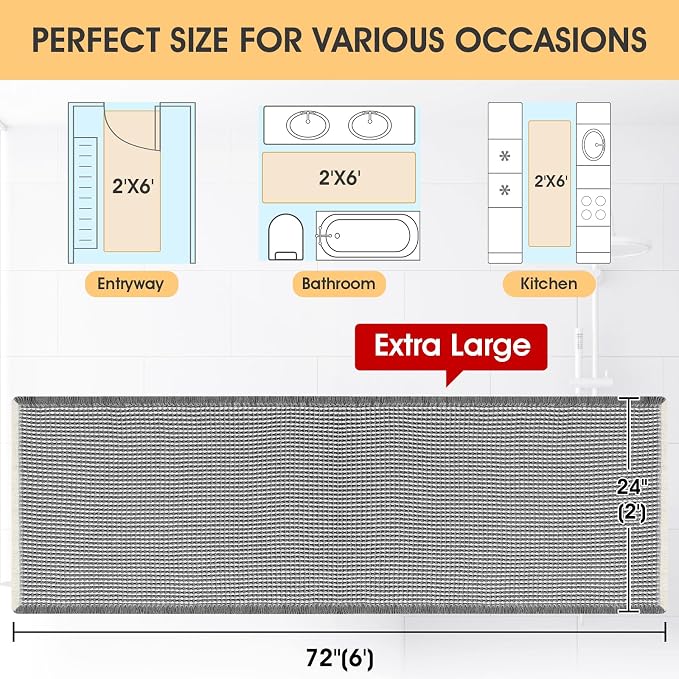 IM HOME Extra Large Waffle Bath Mat Darkgrey & Cream 6'x2', Boho Woven Modern Bath Mat Rugs, Absorbent Non Slip Bathroom Rugs, Soft Washable Bath Rugs with Tassels for Bedroom, Kitchen, Shower, Tub