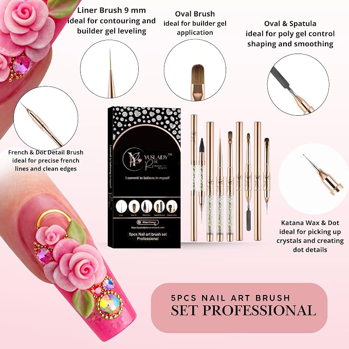 Yuslaidy Set pinceles Double Ended Nail Builder Gel Brush, French Tip Brush Hard Gel for Nails Pinceles cepillo de limpieza para esmalte de uñas de gel, Cepillo francés para uñas