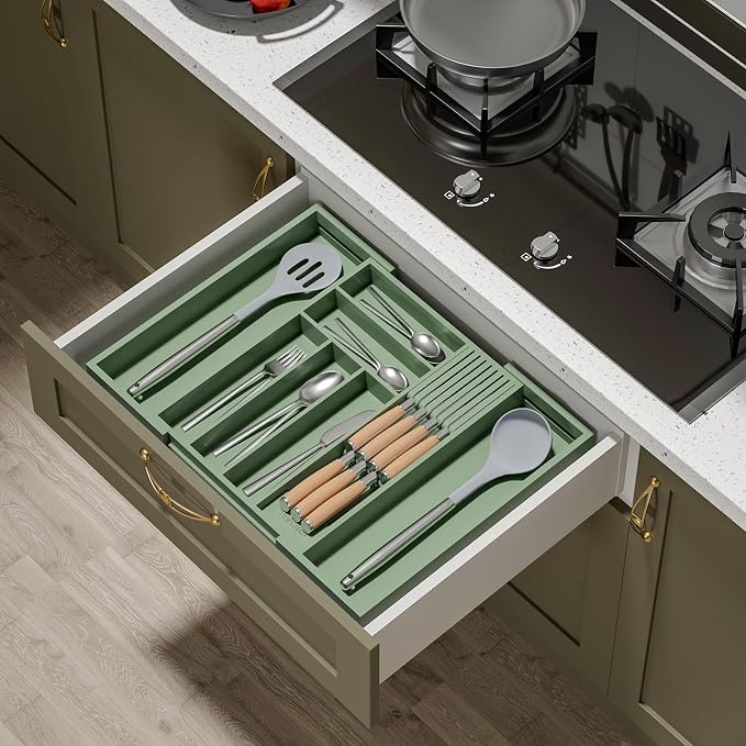 TIOPGHAD Bamboo-Silverware-Drawer-Organizer-Kitchen, Expandable Utensil Holder Cutlery Tray Flatware Organization Adjustable Wood Tableware Dividers Storage (with Removable Knife Block)(Grayish Green)