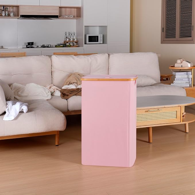 iEGrow 75L Slim Laundry Hamper, Narrow Laundry Basket with Lid,Foldable Clothes Hamper with Bamboo Handles,Hamper Basket with Removable Inner Bag for Laundry Room Bedroom College Dorm,19.8 Gals Pink
