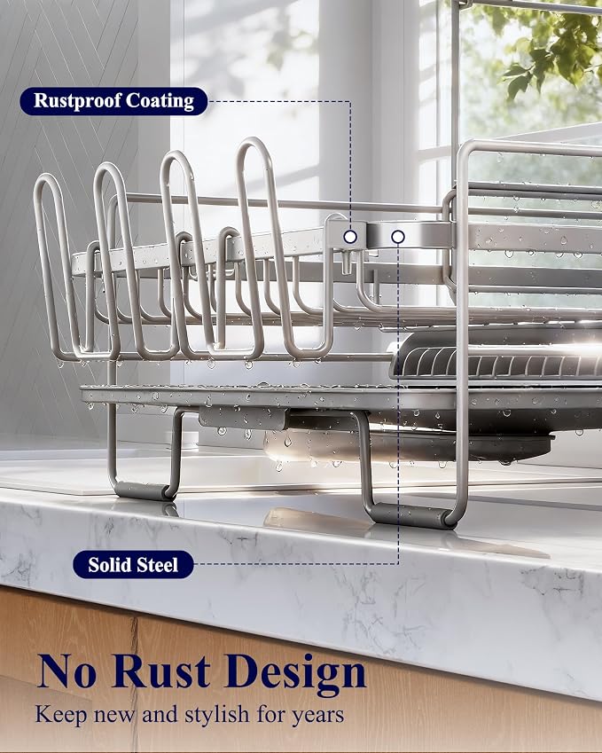 Kitsure Large Dish Drying Rack - Extendable Dish Rack, Multifunctional Dish Rack for Kitchen Counter, Anti-Rust Dish Drainers with Cutlery & Cup Holders 19.2"-26.7" L x 12.9" W x 13.6", Grey