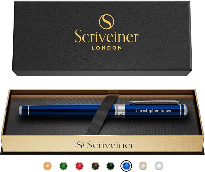 Scriveiner Personalized Midnight Blue Rollerball Pen - Stunning Blue Lacquer Luxury Pen, Chrome Finish, Schmidt Ink Refill, Best Engraved Roller Ball Gift Set for Men & Women, Custom Name Engraving
