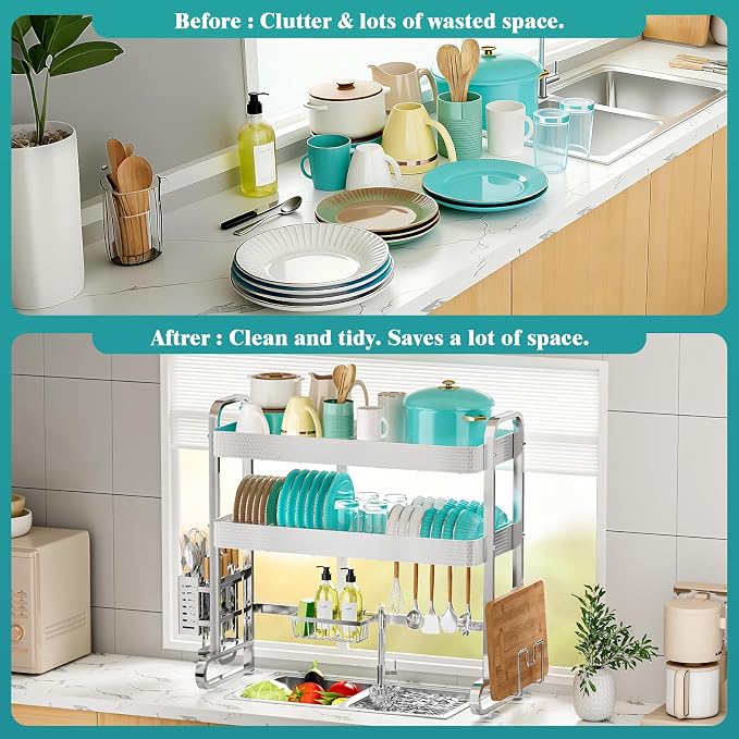 HOWDIA 3-Tier Over The Sink Dish Drying Rack, 304 Stainless Steel | Honeycomb Design, Cutlery Holder & Chopping Board Rack, 33.86” x 11.81” x 33.07” for Maximum Kitchen Storage