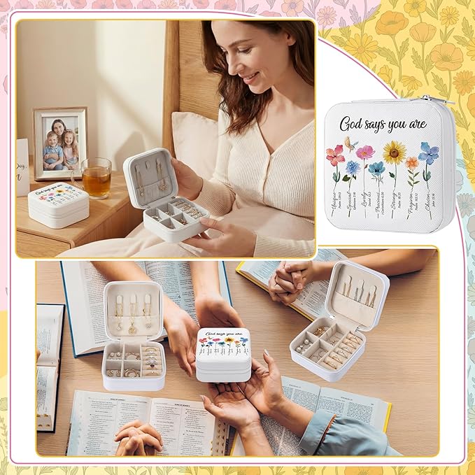 Kacctyen 12 Pieces Mini Travel Gift Jewelry Case Bulk God Says You Are Gifts for Women Christian with Flowers Mother's Day Church Gift for Secretary Day Birthday Inspirational Leather Jewelry Case