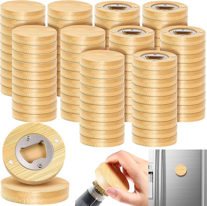 Vesici 100 Pcs Magnetic Bottle Opener 2.5in DIY Bamboo Round Shape Beer Openers Wooden Fridge Magnet Refrigerator Sticker Gift for Beer Lover Wedding Guest Kitchens Bars Parties