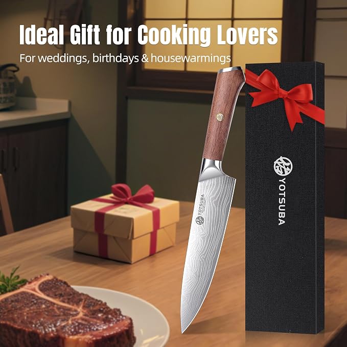 YOTSUBA 8 Inch Japanese Chef Knife, Ultra Sharp Professional Kitchen Knife, High Carbon Stainless Steel Knife with Ergonomic Wood Handle, Ideal for Home Cooking and Premium Gifting