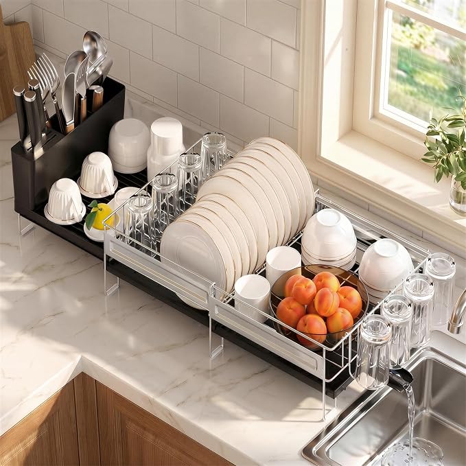 Delamu Large Dish Drying Rack, Stainless Steel Dish Racks for Kitchen Counter, Multifunctional Dish Drainer with Cutlery & Cup Holders, Extendable from 13.4 to 28.7 in, Black