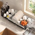 Delamu Large Dish Drying Rack, Stainless Steel Dish Racks for Kitchen Counter, Multifunctional Dish Drainer with Cutlery & Cup Holders, Extendable from 13.4 to 28.7 in, Black