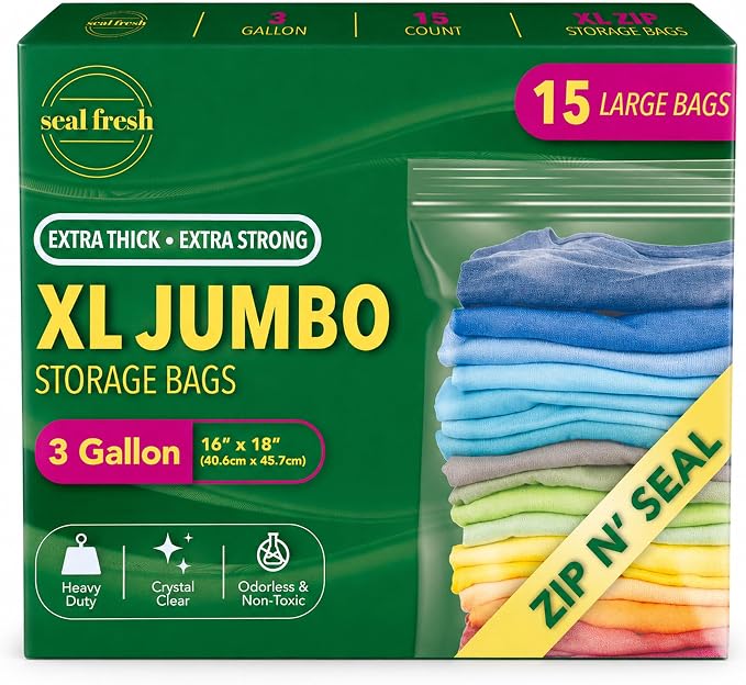 Seal Fresh 3 Gallon Large Plastic Storage Bags – 16" x 18" (15 Count) – Reusable XXL Extra Large Clear Jumbo Zip Bags with Sealable Zipper Top For Clothes, Travel, Moving