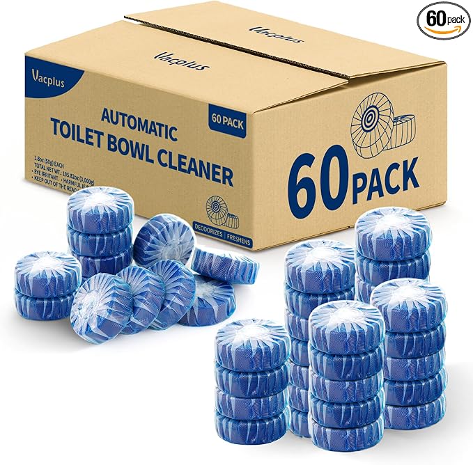 Vacplus Toilet Cleaner Tablets 60 Pack, Automatic Bowl & Tank Cleaner, Septic Safe, Powerful Cleaning, Prevent Stains & Deodorize