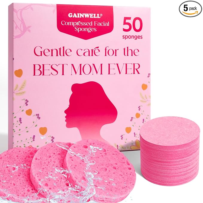 GAINWELL Gifts for MoM in Mothers Day, 50-Count Compressed Facial Sponge, Daily Facial Cleansing and Exfoliating, 100％ Natural Cosmetic Spa Sponges for Makeup Remover, Reusable, Pink