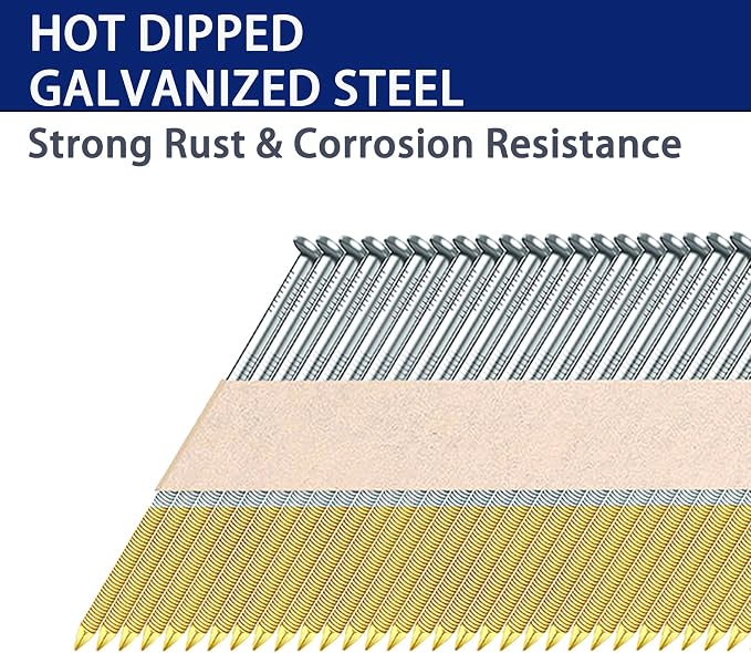 HW HAMWOO 34°Framing Nails,Ring Shank(3-1/2":1000pcs) | Hot Dipped Galvanized,D Head Nail Pack,Paper Tape Strip Nails,for 30 to 34 Degree Framing Nailer