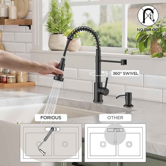 FORIOUS Kitchen Faucet with Soap Dispenser, Black Stainless Steel Sink Faucet with Sprayer Single Handle, Commercial Modern Spring Faucet for Kitchen Sink, Bar & Prep Sink, Laundry RV Camper