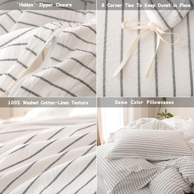Stripe Duvet Cover Super King Size 108inch x 98inch, 100% Washed Cotton Linen Feel Duvet Cover with Zipper Closure and 2 Pillowcases, Color of White-Dark Grey Stripe