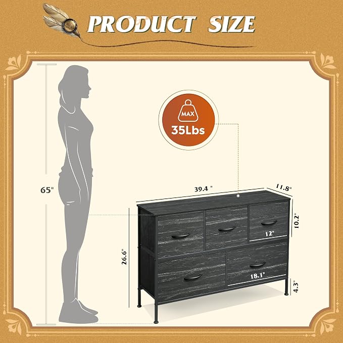 WLIVE 5 Drawer Dresser for Bedroom, Wide Chest of Drawers, Black Wood Grain | 5 roomy fabric drawers, Wide low-profile design, Bedroom or closet use, Sturdy steel frame, Smooth wood tabletop