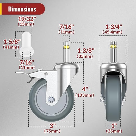 HOLKIE Stem Caster Wheels 3 inch Locking Casters Set of 4, 7/16-Inch Stem Diameter Swivel Castor Heavy Duty TPR Rubber Replacement Castors for Cart, Stool, Mop Bucket, Grill, Shop Vac