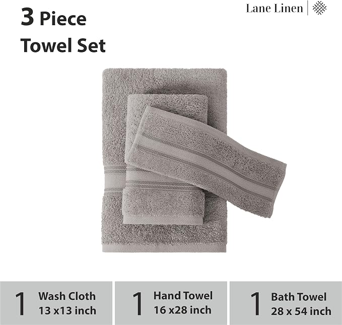 LANE LINEN Bath Towel Set 100% Cotton 3 Piece Soft Absorbent - Grey | Shower Towels - Generously Sized, Oversized & Roomy, Lightweight & Breathable, Fade-Resistant Color, Classic Terry Weave