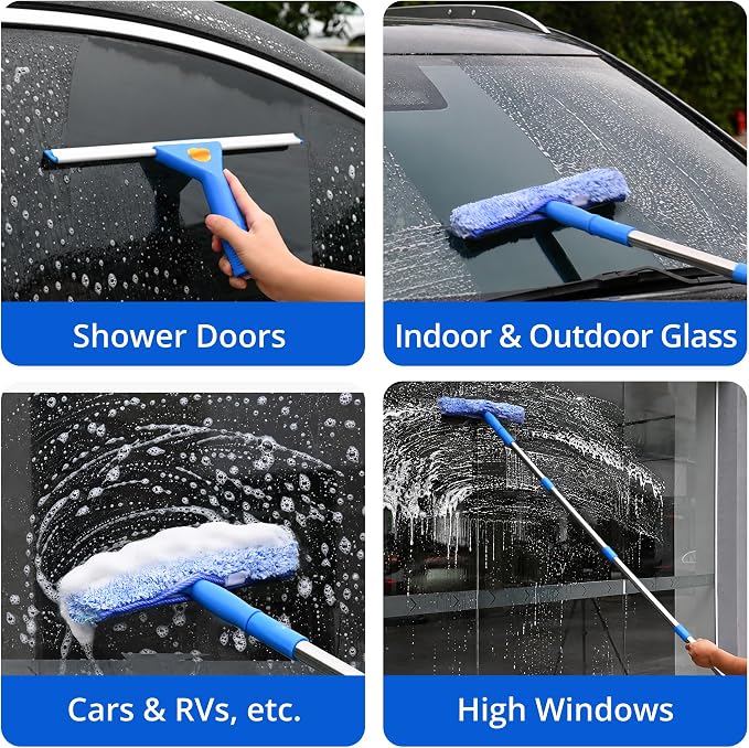 Professional Window Cleaning Kit with Bucket and Extension Pole, 7-in-1 Window Washing Kit with Squeegee, Washer, 8 Cleaning Sponges & 2 Glass Cloths, Exterior Window Cleaning Kit for High Windows