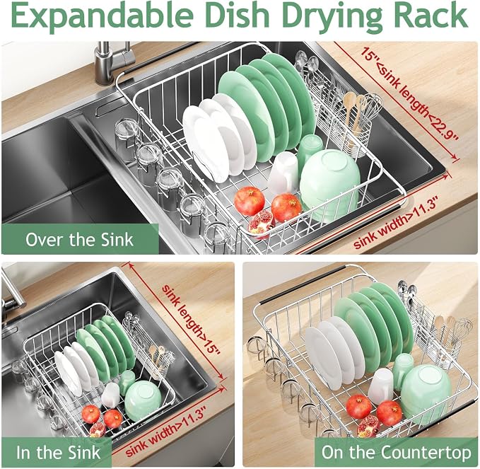 Fanbsy Dish Drying Rack in Sink, Extendable Stainless Steel Dish Drainers for Kitchen Counter, Anti-Rust Dish Dryer Rack with Utensil & Cup Holders, for Inside Sink, Over The Sink