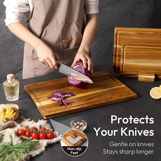 3 Pack Teak Wood Cutting Board Set for Kitchen Charcuterie Board Serving Heavy Duty Non Toxic Slip Over Sink Solid Thick Haus Wooden Chopping Board Large Big Small Meat Kitchen Essential Gift