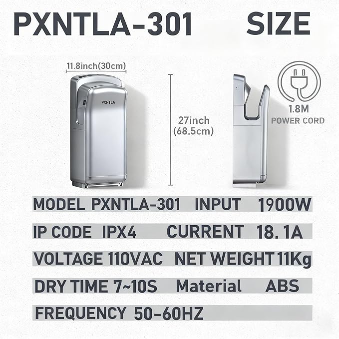 Vertical Hand Dryer - Hand Dryers for Commercial Bathrooms with HEPA Filter - Hand Dryer for Modern Home Bathrooms with High Speed Jet Air Motor (Silver)
