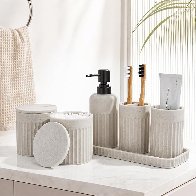 INIUNIK Bathroom Accessory Set, 6 Pieces, Beige | Resin, Bathroom Accessories Set, with Soap Dispenser Set, Toothbrush Holders, Tumbler, Vanity Tray & 2 Qtip Holder